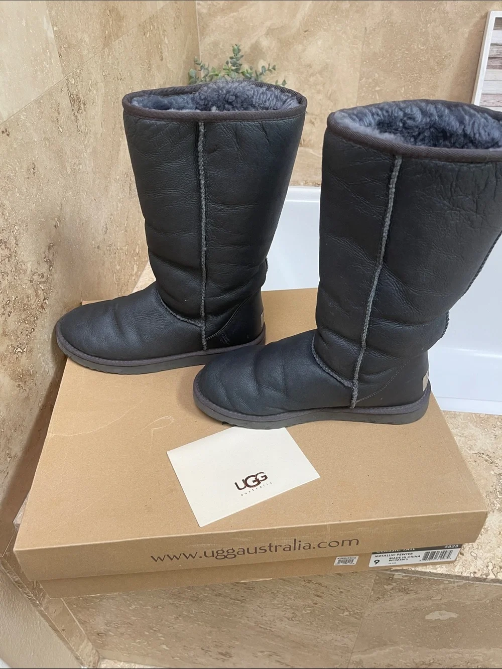 UGG metallic pewter Classic Tall Boots with Grey Sheepskin Lining
